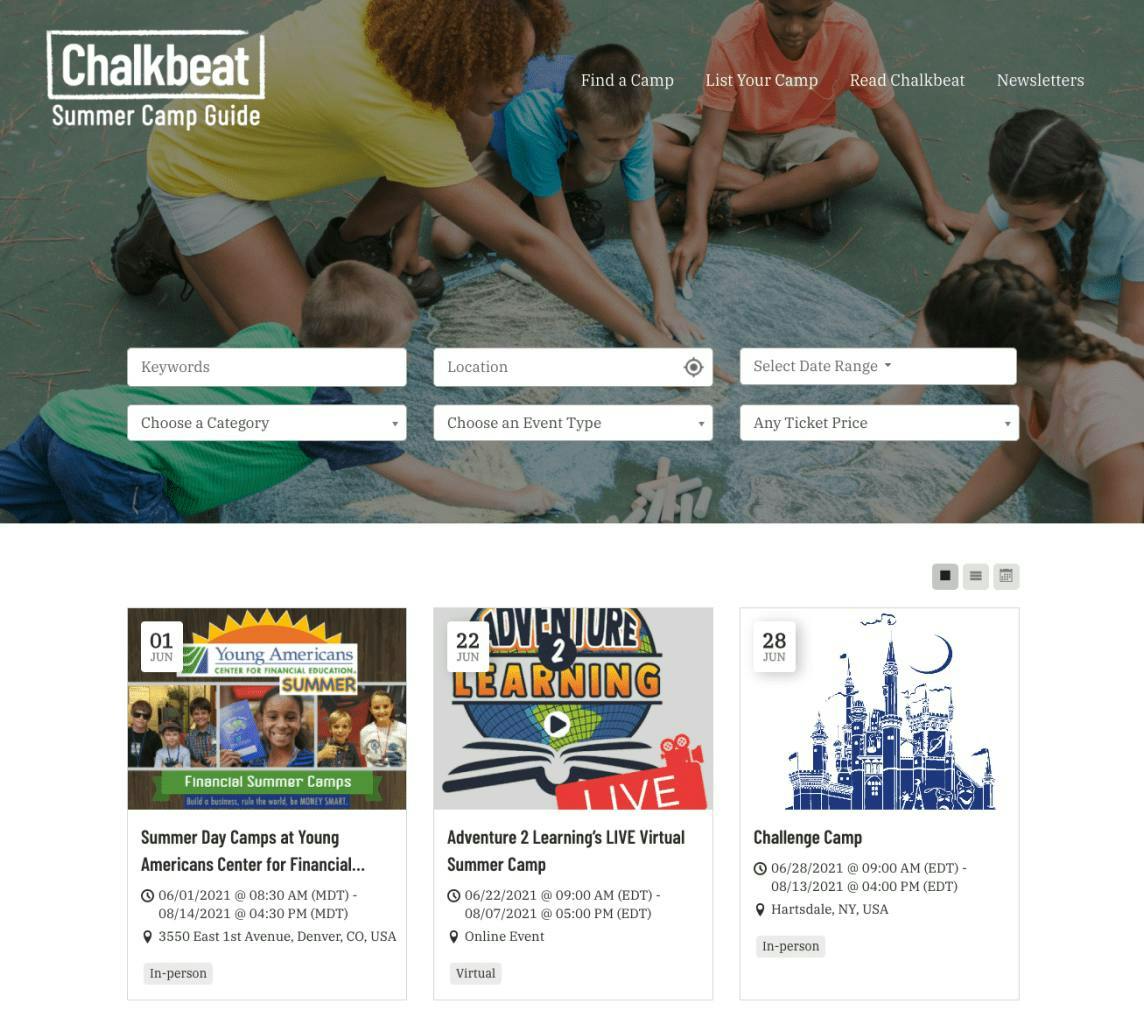 A screenshot of Chalkbeat's Summer Camp Guide.