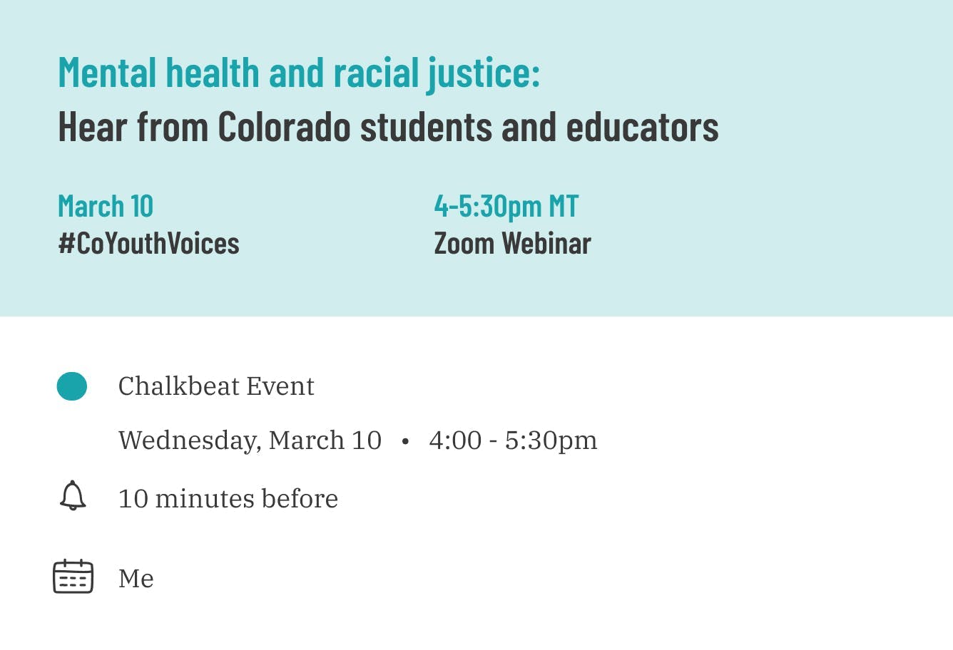 A screenshot of an invitation to a Chalkbeat Colorado event about mental health and racial justice.
