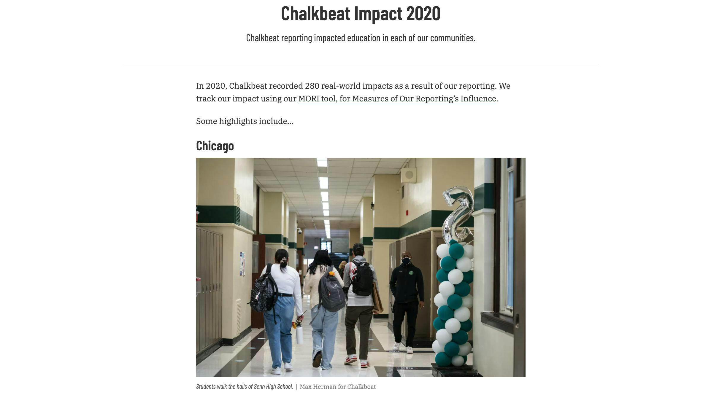 A Screenshot of Chalkbeat's annual report that includes highlights from its impact database