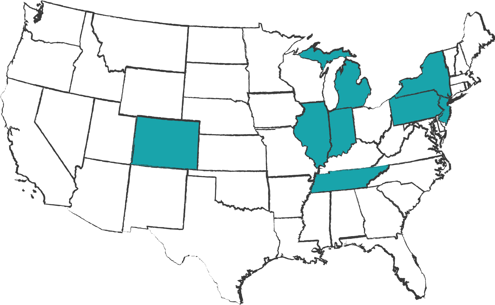 A map of the United States with eight states filled in: Colorado, Illinois, Indiana, Michigan, New Jersey, New York, Pennsylvania, and Tennessee. 