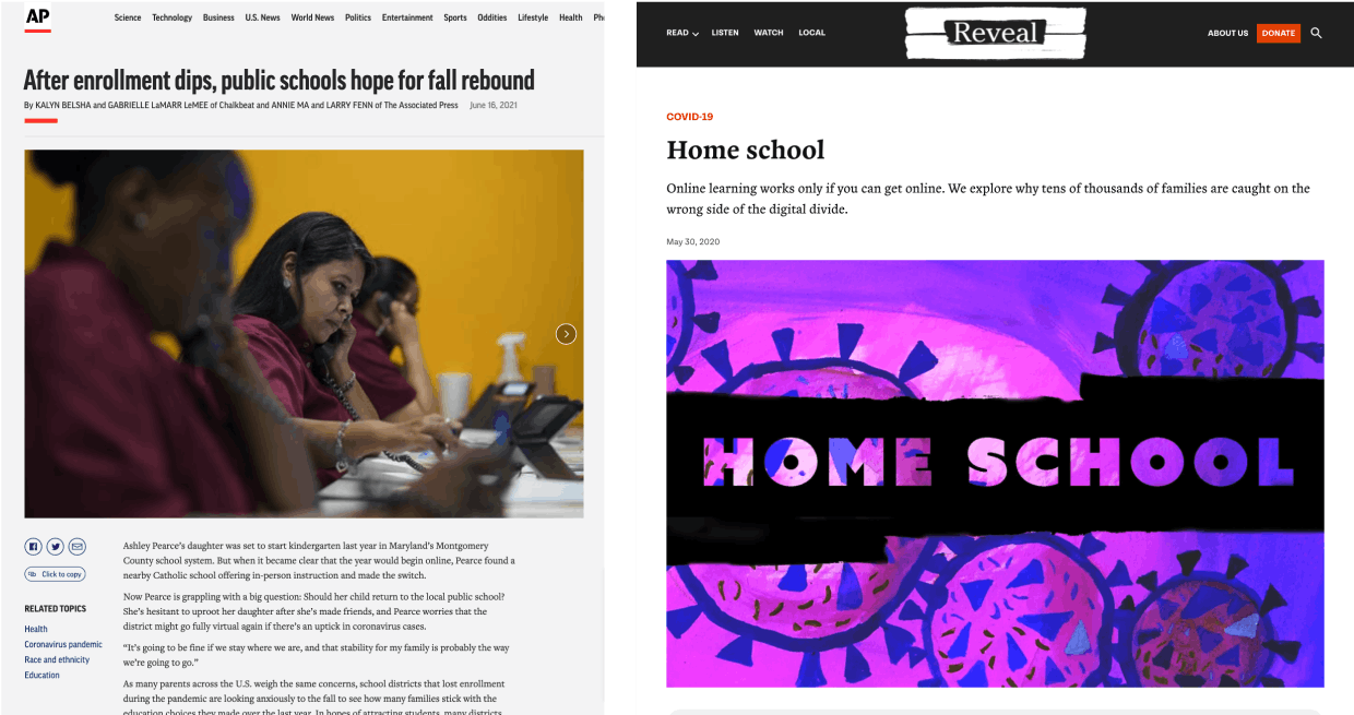 Two screenshots of articles that feature Chalkbeat partnerships. On the left is a story Chalkbeat did with the Associated Press on student enrollment. On the right is a story Chalkbeat did with Reveal on online learning.