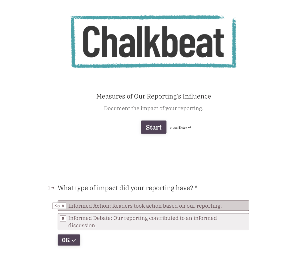 A screenshot of the form Chalkbeat uses to internally track impact.
